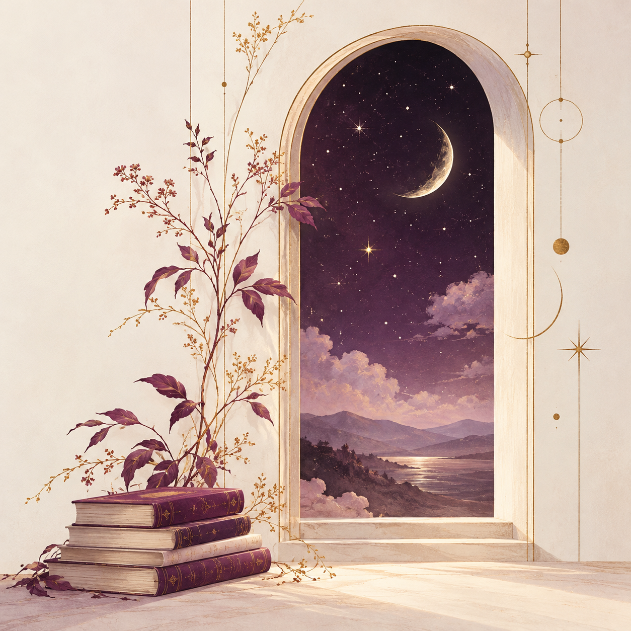 A moonlit world beyond an elegant arch, with stars, distant mountains, and books